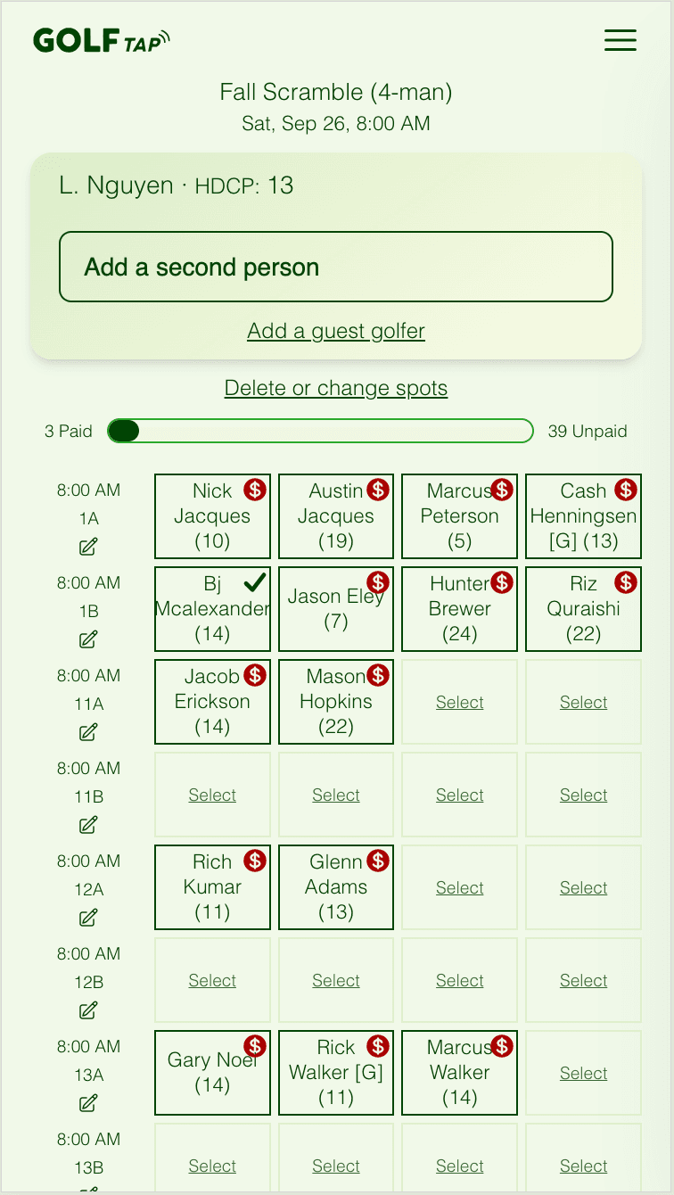 GolfTap individual signup screen