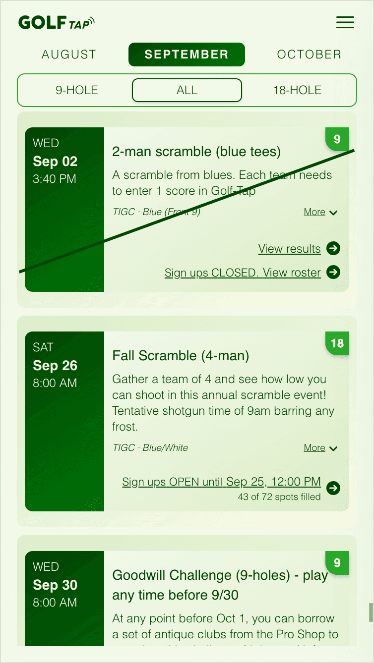 GolfTap club schedule screen