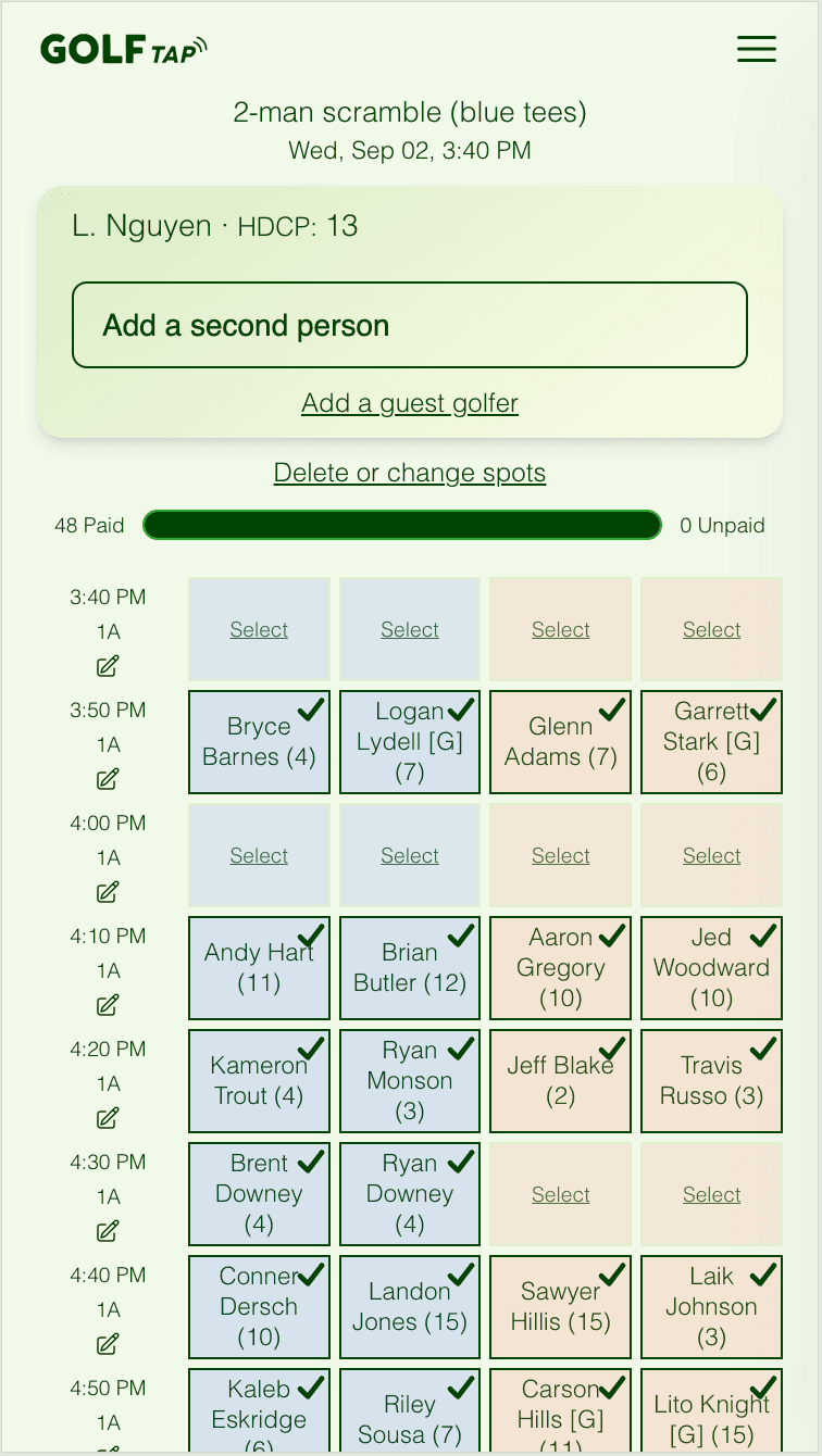 GolfTap team tournament signup screen
